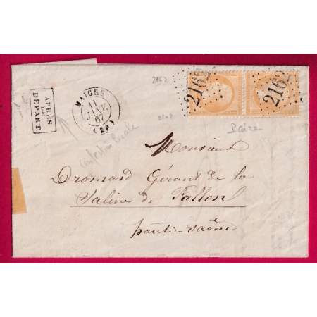 N°21 PAIRE GC 2162 MAIGES DOUBS GRIFFE APRES LE DEPART FABRICATION LOCALE POUR FALLON HAUTE SAONE 1867 LETTRE