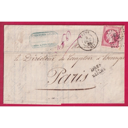 N°24 GC 822 CETTE HERAULT GRIFFE APRES LE DEPART FABRICATION LOCALE POUR PARIS 1866 LETTRE