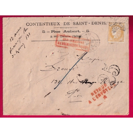 N°59 PARSI ETOILE 26 GARE DU NORD TAXE TAMPON 25 AFFRANCHISSEMENT INSUFF RETOUR ENVOYEUR BUREAU CENTRAL LETTRE LOCALE