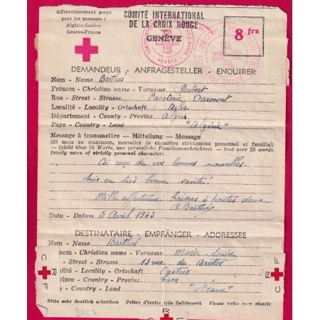 MESSAGE CROIX ROUGE ALGERIE ARBA 1943 POUR CASTRES TARN DEPART LE MANS SARTHE EMA LETTRE