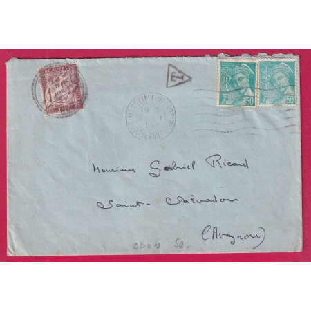 MERCURE MARSEILLE 1944 TAXE DUVAL 1FR CAD FACTEUR BOITIER SAINT SALVADON AVEYRON FB84 LETTRE