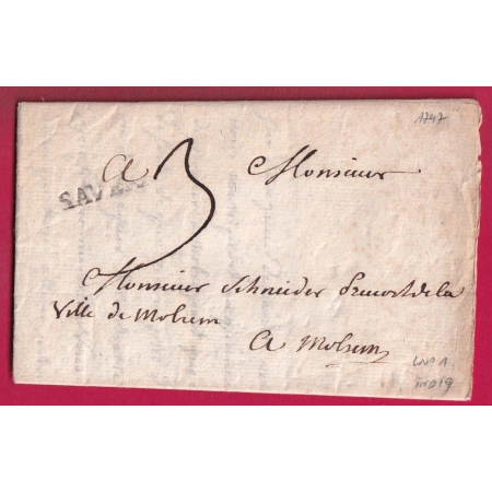 MARQUE SAVER. SAVERNE BAS RHIN 1747 LENAIN N°1 INDICE 19 POUR MOLSHEIM LETTRE