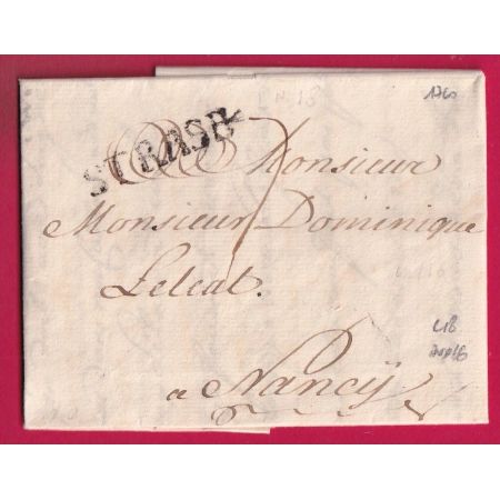 MARQUE STRASB STRASBOURG BAS RHIN 1760 LENAIN N°18 INDICE 16 POUR NANCY MEURTHE ET MOSELLE LETTRE