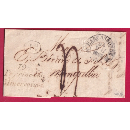 CURSIVE 10 PAYRIAC LE MINERVOIS AUDE DECIME RURALE DE CAUNES T12 CARCASSONNE 1833 POUR MONTPELLIER LETTRE