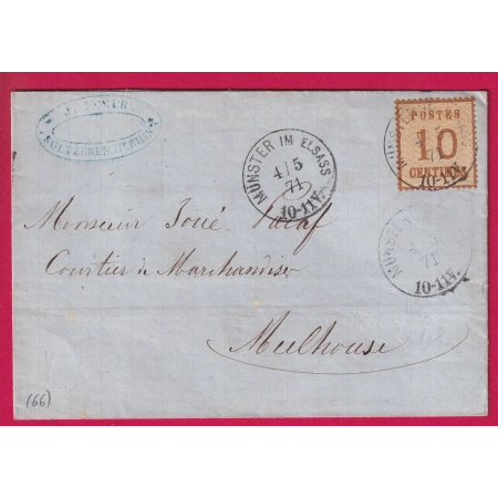 ALSACE LORRAINE N°5 MUNSTER HAUT RHIN 1871 POUR MULHOUSE TEXTE SULTZEREN LETTRE
