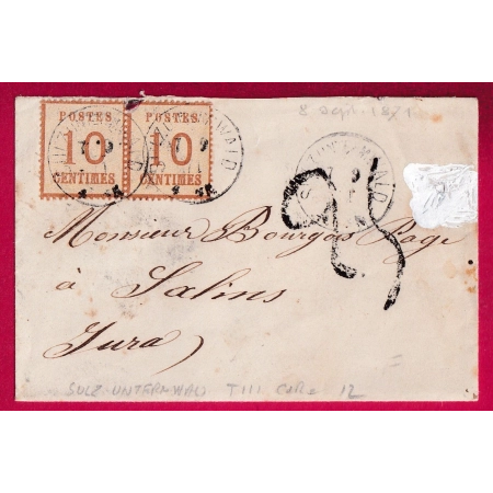 ALSACE LORRAINE N°5 PAIRE SULZ UNTERWALD SOULTZ SOUS FORET BAS RHIN TAXE 25 ALLEMANDE POUR SALINS JURA LETTRE