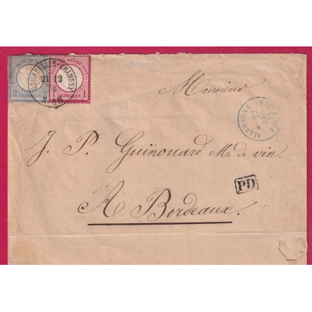 ALSACE LORRAINE COURCELLES CHAUSSY MOSELLE 1874 POUR BORDEAUX GIRONDE LETTRE