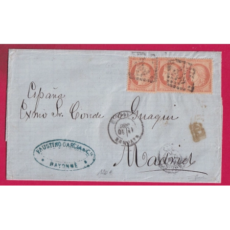 N°38 X3 GC 359 BAYONNE BASSES PYRENEES POUR MADRID ESPAGNE 1871 TRIPLE PORT LETTRE