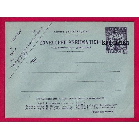ENTIER CHAPLAIN 1FR VIOLET SURCHARGE SPECIMEN ENVELOPPE PNEUMATIQUE NEUVE TTB LETTRE