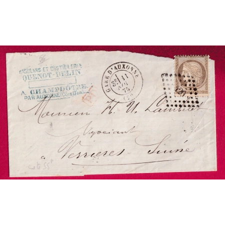 N°56 GARE D'AUXONNE COTE D'OR PC DU GC 420 BELFORT POUR VERRIERES SUISSE 1875 LETTRE