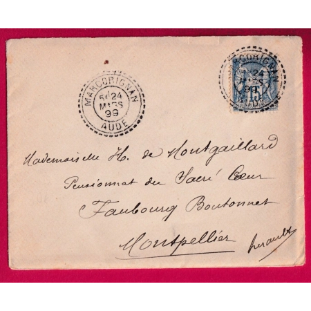 N°90 CAD FACTEUR BOITIER MARCORIGNAN AUDE 1899 FB84 POUR MONTPELLIER HERAULT LETTRE
