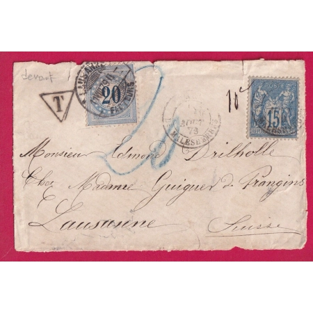 N°90 PARIS R MALSHERBES 1879 TIMBRE TAXE SUISSE 20C BLEU POUR LAUSANNE DEVANT DE LETTRE