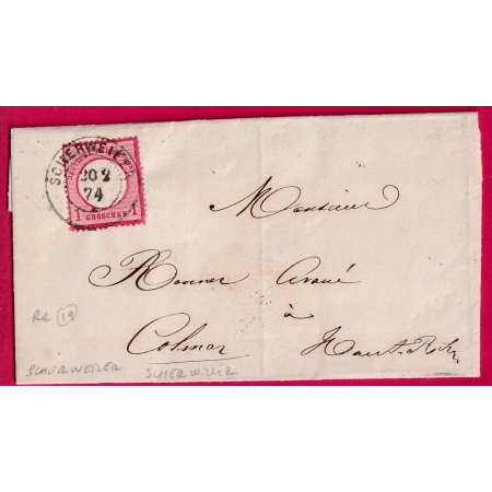 ALSACE LORRAINE SCHERWEILER SCHERWILLER BAS RHIN 1874 POUR COLMAR RARE LETTRE