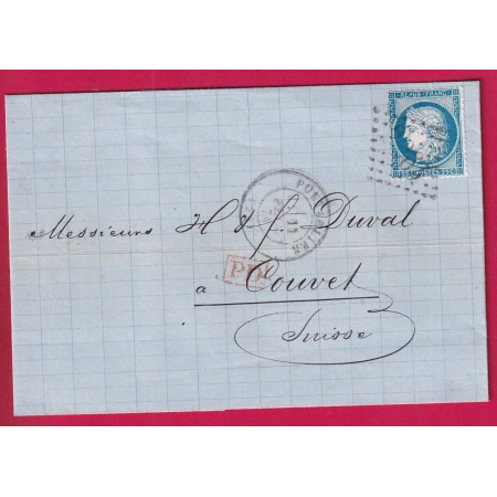 N°60 TARIF FRONTALIER PONTARLIER DOUBS POUR COUVET SUISSE 1874 LETTRE