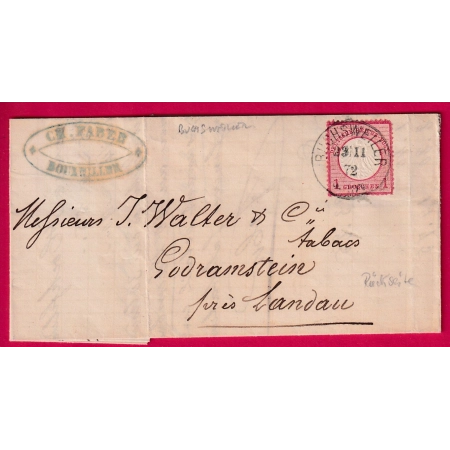 ALSACE LORRAINE BUCHSWEILER BOUXWILLER BAS RHIN 1872 POUR GORAMSTEIN ALLEMAGNE LETTRE