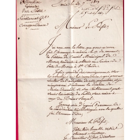 BEAU TEXTE SIGNE DUPLEIX DE MEZY DIRECTEUR DES POSTES CREATION LIGNE POSTE A CHEVAL MOREZ A ST CLAUDE JURA 1819 LETTRE