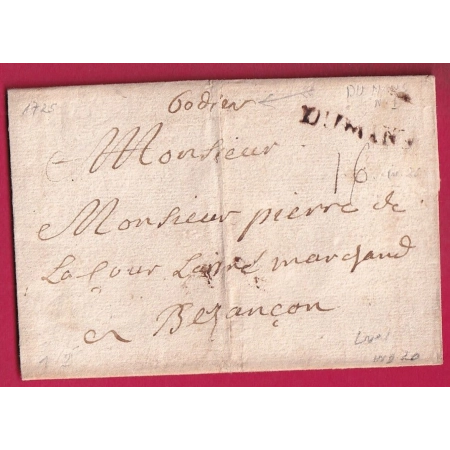 MARQUE DU MANS SARTHE 1725 LENAIN N°1 POUR BESANCON DOUBS INDICE 20 LETTRE