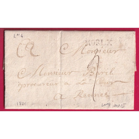 MARQUE MORLAIX FINISTERE 1721 LENAIN N°4 INDICE 15 POUR RENNES ILLE ET VILAINE LETTRE