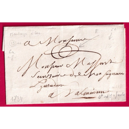 MARQUE A SEC MAUBEUGE NORD LENAIN N°6A INDICE 19 + FRANCHE POUR VALENCIENNES 1734 LETTRE