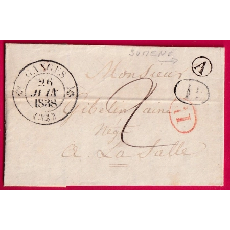 CAD TYPE 12 GANGES HERAULT DECIME RURAL NOIR + ROUGE BOITE RURALE A SUMENE POUR LA SALLE 1838 LETTRE