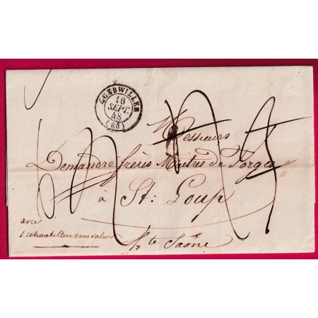 TAXE MANUSCRIT MODIFIEE 3 FOIS GUEBWILLER HAUT RHIN POUR ST LOUP HAUTE SAONE 1848 MENTION ACHANTILLONS SANS VALEUR