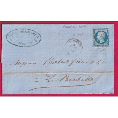 N°14 PERCE EN LIGNE SURGERES GC 3471 CHARENTE INFERIEURE 4 JANVIER 1863 POUR LA ROCHELLE LETTRE