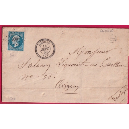 N°14 PC 900 COGOLIN VAR CAD TYPE 22 BOITE RURALE B GRIMAUD FABRICANT BOUCHONS DE LIEGE POUR AVIGNON VAUCLUSE 1860 LETTRE