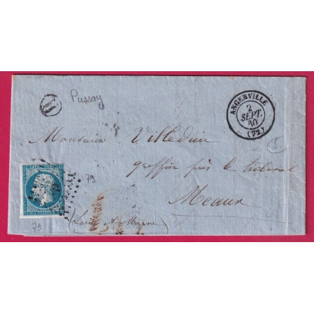 N°14 PC 79 ANGERVILLE SEINE ET OISE BOITE RURALE M PUSSAY POUR MEAUX SEINE ET MARNE 1860 LETTRE