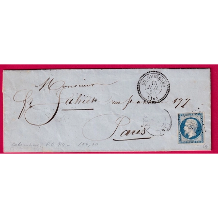 N°14 PC 914 COLOMBIERES CALVADOS CAD TYPE 22 POUR PARIS 1855 INDICE 17 LETTRE