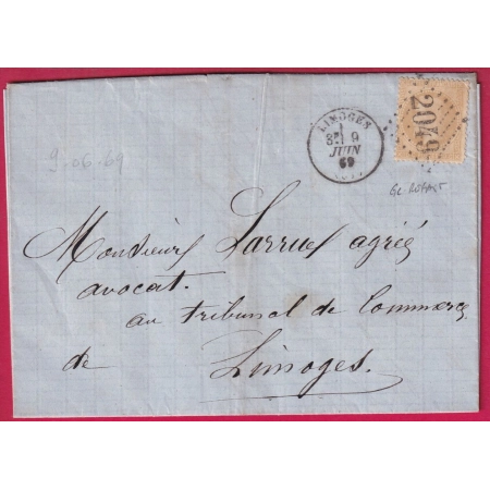 N°28 GC REFAIT LIMOGES HAUTE VIENNE CAD TYPE 16 POUR LIMOGES 1869 LETTRE