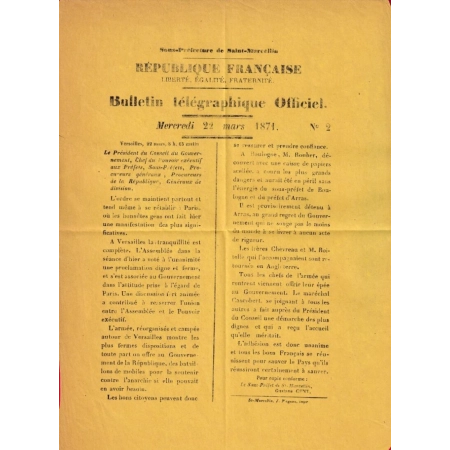 BULLETIN TELEGRAPHIQUE OFFICIEL COMMUNE DE PARS VERSAILLES 22 MARS 1871 LETTRE