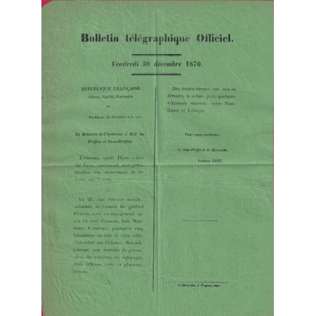 BULLETIN TELEGRAPHIQUE OFFICIEL BORDEAUX 30 DECEMBRE 1870 LETTRE