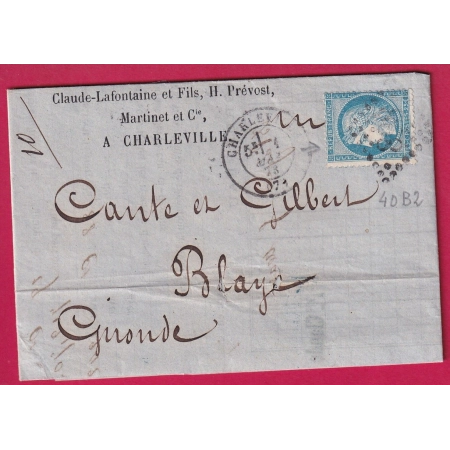 N°60 INSCRIPTION AU DOS BANQUE LAFONTAINE CHARLEVILLE ARDENNES POUR BLAYE GIRONDE LETTRE
