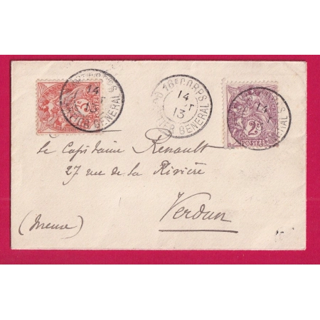 N°108 109 TYPE BLANC CAD 16E CORPS QUARTIER GENERAL 1913 POUR VERDUN MEUSE LETTRE