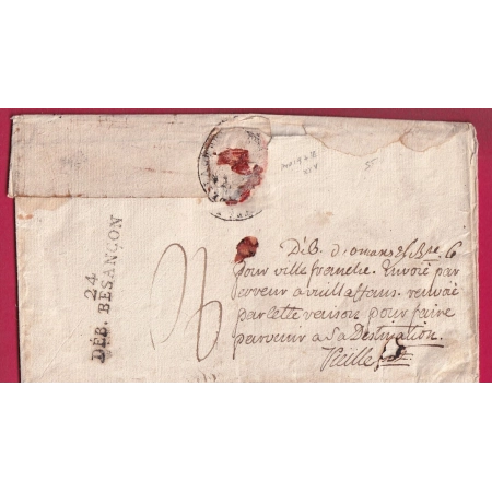 DOUBLE DEBOURSE 24 DEB BESANCON DOUBS + DEB ORNANS MANUSRIT AN6 MENTION BUREAU DE POSTE DE ORMANS INDICE 19 + 18 LETTRE