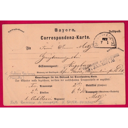 GUERRE 1870 FELDPOST K BAYER CHATEAU BREDANES MEURTHE ET MOSELLE 1871 BAYERN BAVIERE AUGSBOURG LETTRE