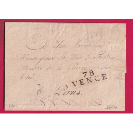 MARQUE 78 VENCE VAR POUR PARIS DUC DE FELTRE MINISTRE DE LA GUERRE SANS TEXTE LETTRE