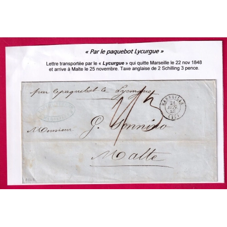 T15 MARSEILLE 1848 PAR LE PAQUEBOT LYCURGUE POUR MALTE MALTA TAXE ANGLAISE 2 SCHILLING 3 PENCE LETTRE