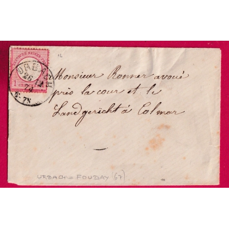 ALSACE LORRAINE URBACH TOUDAY BAS RHIN 1874 POUR COLMAR LETTRE