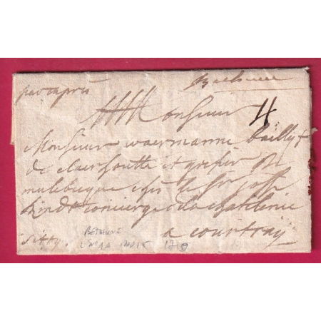 MARQUE MANUSCRIT BETHUNE PAS DE CALAIS 1719 LENAIN N°1A INDICE 15 POUR COURTRAY BELGIQUE LETTRE