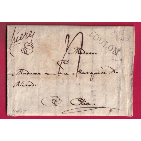 MARQUE HYERES VAR + TOULON LENAIN N°10 1780 INDICE 15 POUR AIX EN PROVENCE LETTRE