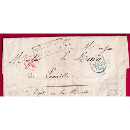 MARQUE HOPITAL BEAUJON PARIS 1833 + P60PPE POUR LUNEVILLE MEURTHE ET MOSELLE LETTRE