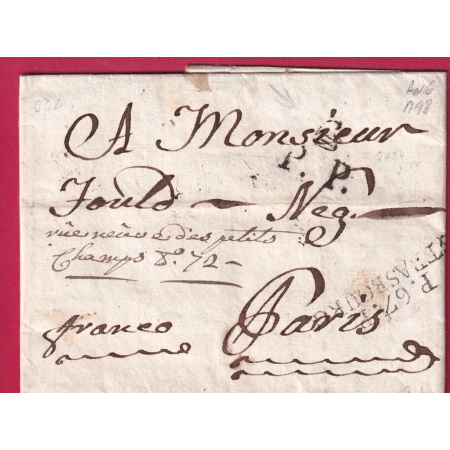 MARQUE P67P STRASBOURG BAS RHIN + PP BONNET PHRYGIENS 1798 AN6 POUR PARIS LETTRE