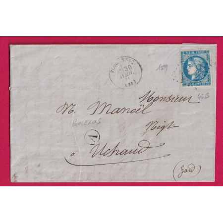 N°46B GC 1529 FLORENSAC HERAULT CAD TYPE 16 BOITE RURALE A POMEROLS POUR UCHAUD 1871 LETTRE