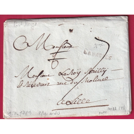 MARQUE LA BASSEE NORD EN ROUGE 1789 LENAIN N°1 INDICE 23 MENTION PORT PAYE AU DOS + DANS TEXTE POUR LILLE RR LETTRE