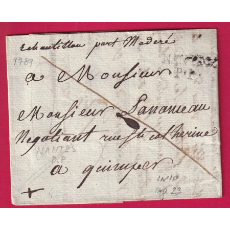 MARQUE NANTES PORT PAYE 1789 LENAIN N°10 INDICE 23 POUR QUIMPER MENTION ECHANTILLONS PORT MODERE RARE LETTRE