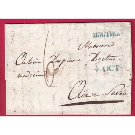 MARQUE SARDE MOUTIERS SAVOIE EN BLEU 1830 POUR AIX LES BAINS LETTRE
