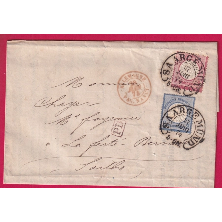 ALSACE LORRAINE FER A CHEVAL SAARGEMUND SARREGUEMINES 1874 MOSELLE POUR LA FERTE BERNARD SARTHE LETTRE ETIQUETTE PUB