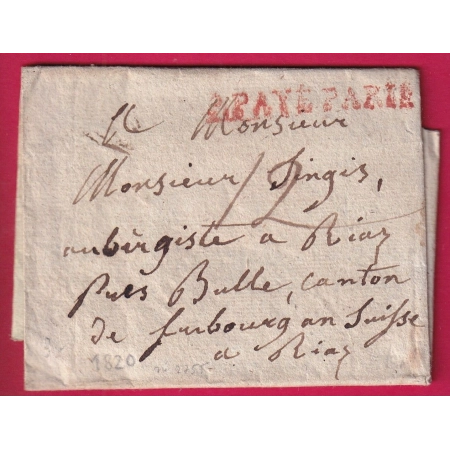 MARQUE P PAYE PAYE PARIS 1820 POUR RIAZ BULLE SUISSE CANTON DE FRIBOURG LETTRE