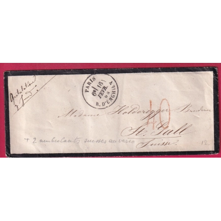 CAD PARIS R D'ENGHIEN 1864 TAXE TAMPON 40C ROUGE SUISSE POUR SAINT GALL LETTRE